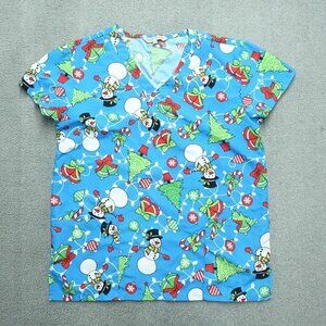 Gabby Brooke Nursing Scrub Top Women Size S Chrismas Theme V-Neck Short Sleeve